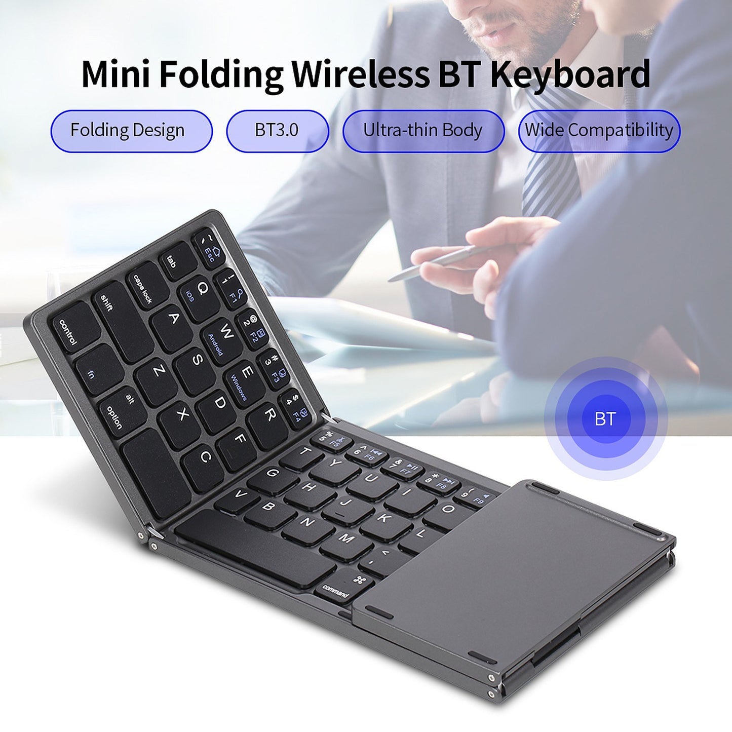 Ultra Slim Wireless Bluetooth Folding Keyboard with Touchpad for Windows/Android/iOS - Grey