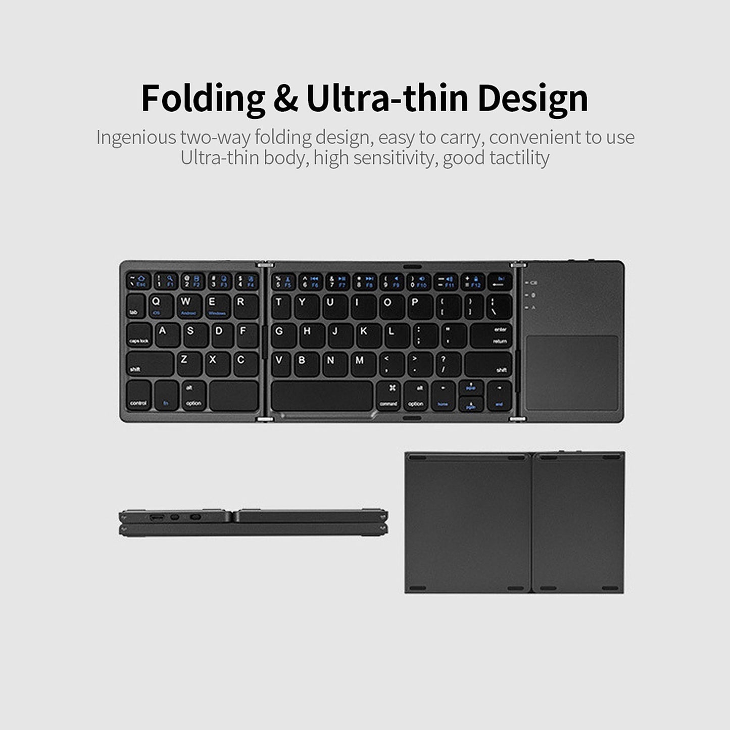 Ultra Slim Wireless Bluetooth Folding Keyboard with Touchpad for Windows/Android/iOS - Grey