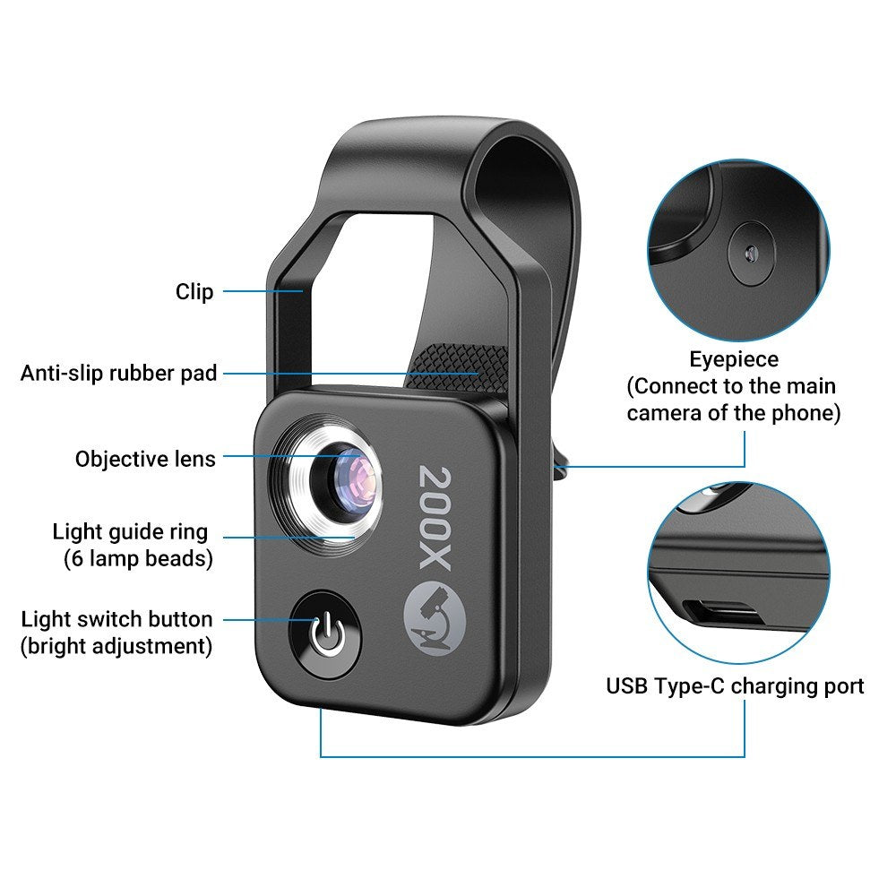 200X Professional Phone Microscope Lens - APEXEL MS002 with Universal Clip for Plant, Insect, Hair, Skin, Jewelry, Jade Appraisal & Electronics Testing