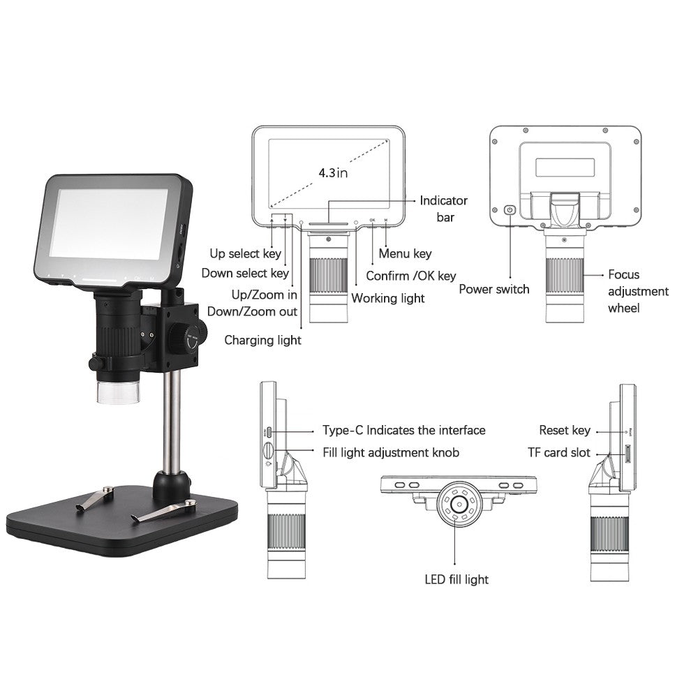 1080P Digital Microscope with Adjustable Brightness, 4.3-inch Large IPS Screen for Plant & Insect Observation