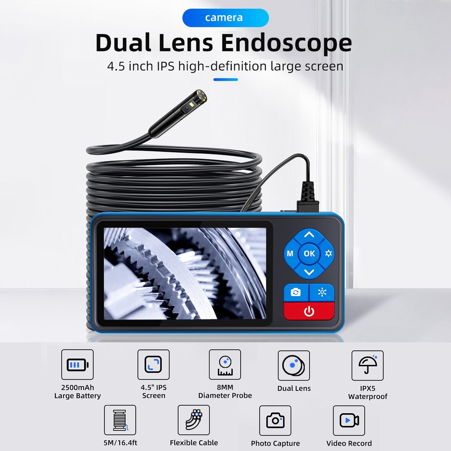 720P Dual Lens Endoscope Camera with 4.5in IPS Screen, 16.4ft Waterproof Probe, Adjustable Brightness