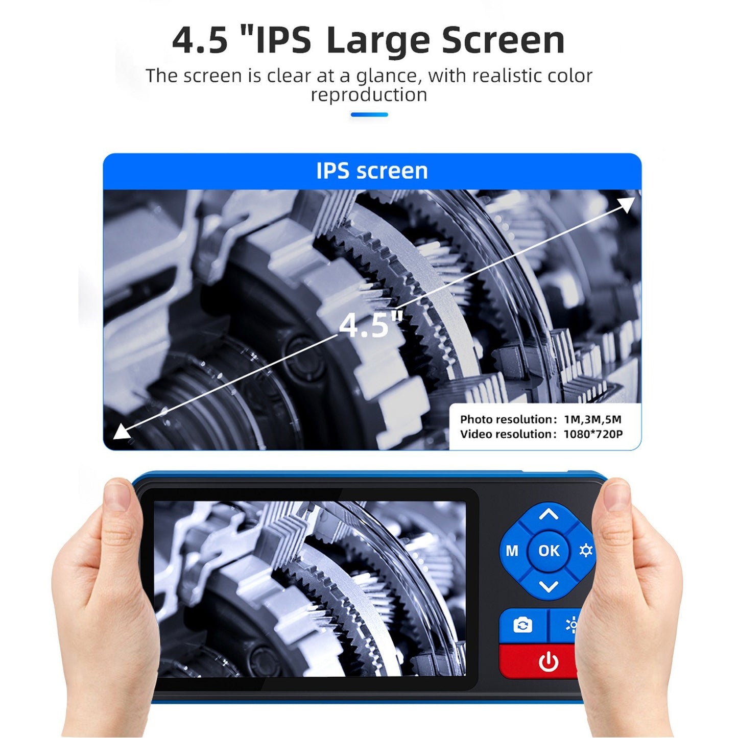 720P Dual Lens Endoscope Camera with 4.5in IPS Screen, 16.4ft Waterproof Probe, Adjustable Brightness