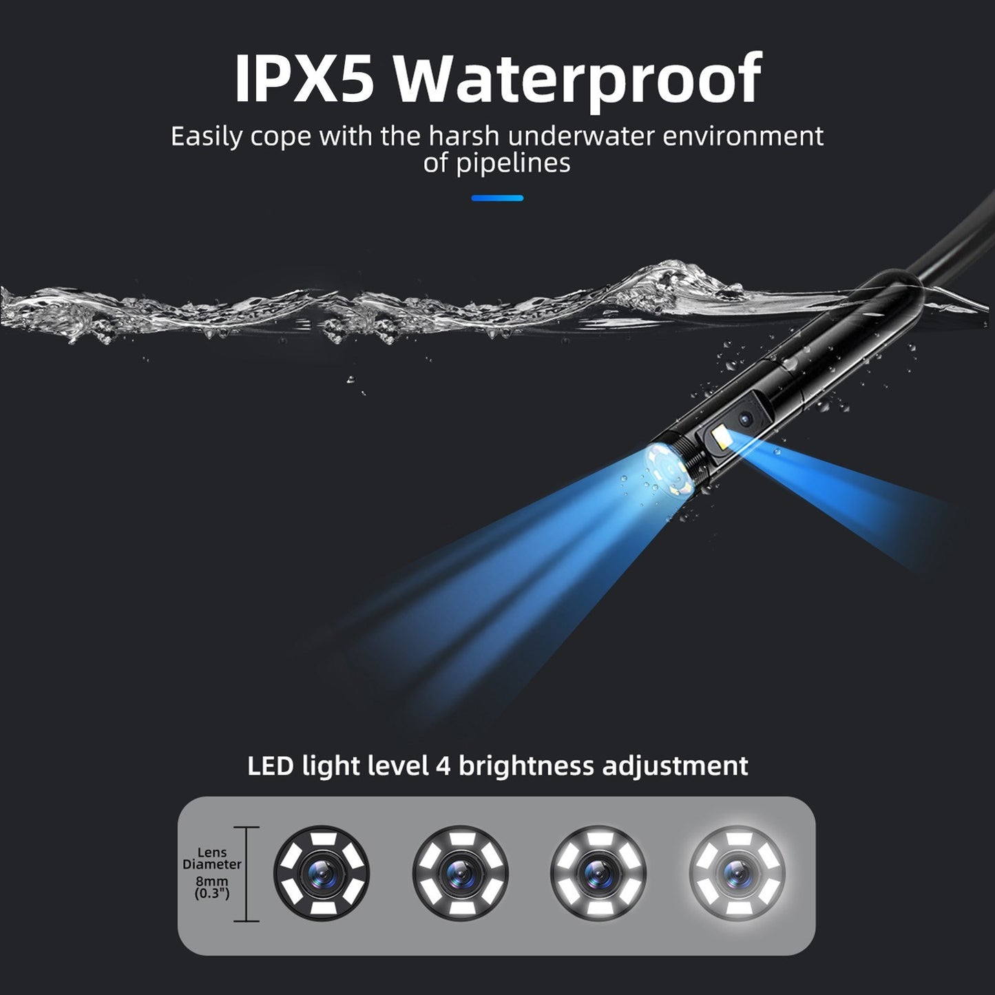 720P Dual Lens Endoscope Camera with 4.5in IPS Screen, 16.4ft Waterproof Probe, Adjustable Brightness