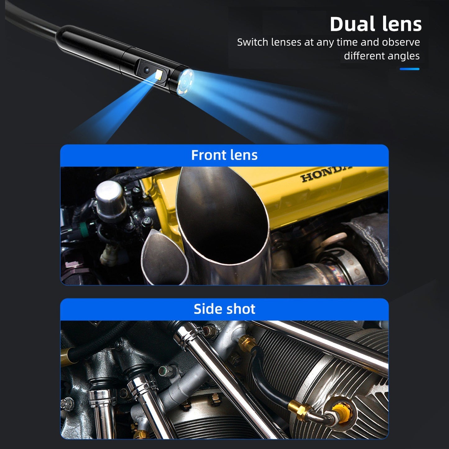 720P Dual Lens Endoscope Camera with 4.5in IPS Screen, 16.4ft Waterproof Probe, Adjustable Brightness