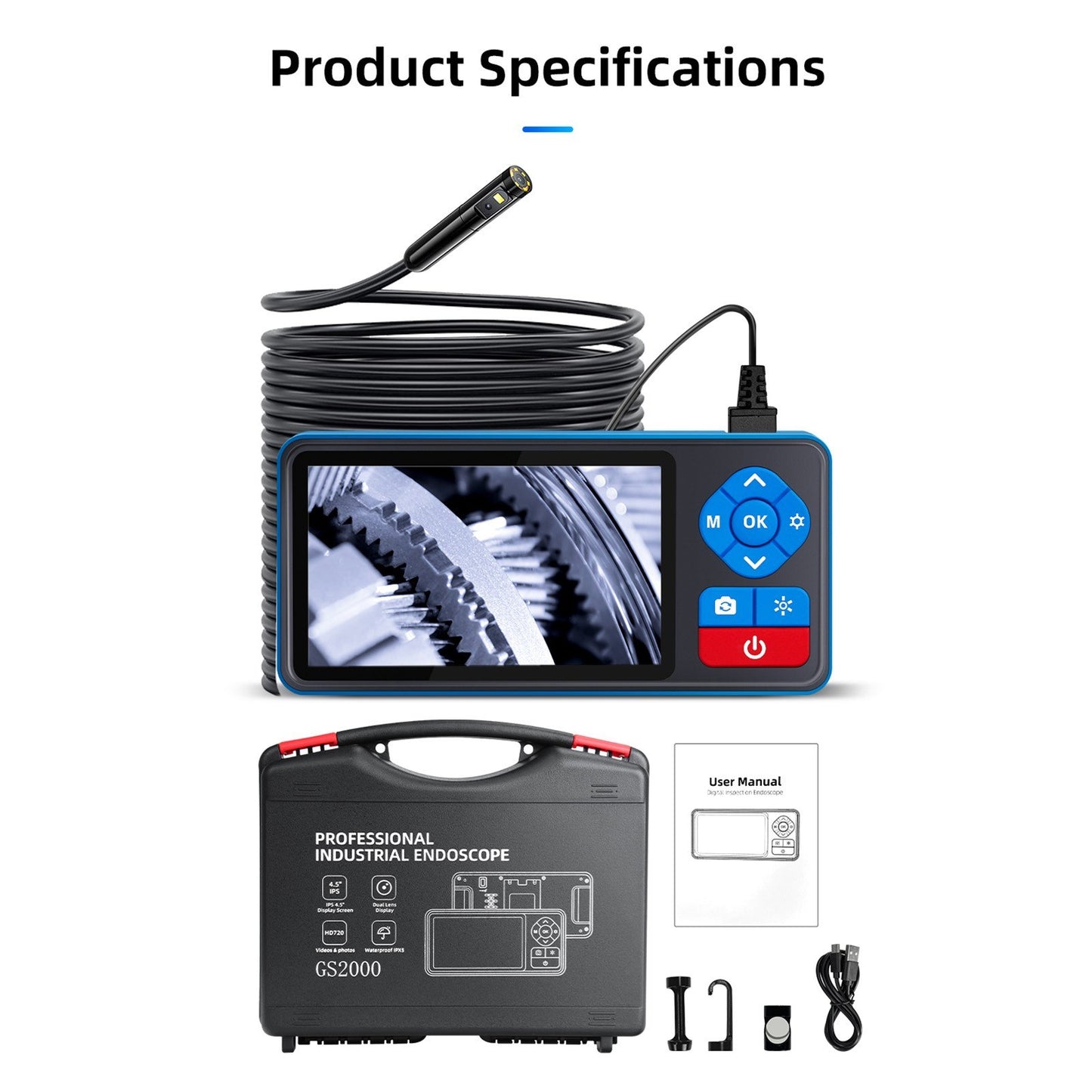 720P Dual Lens Endoscope Camera with 4.5in IPS Screen, 16.4ft Waterproof Probe, Adjustable Brightness