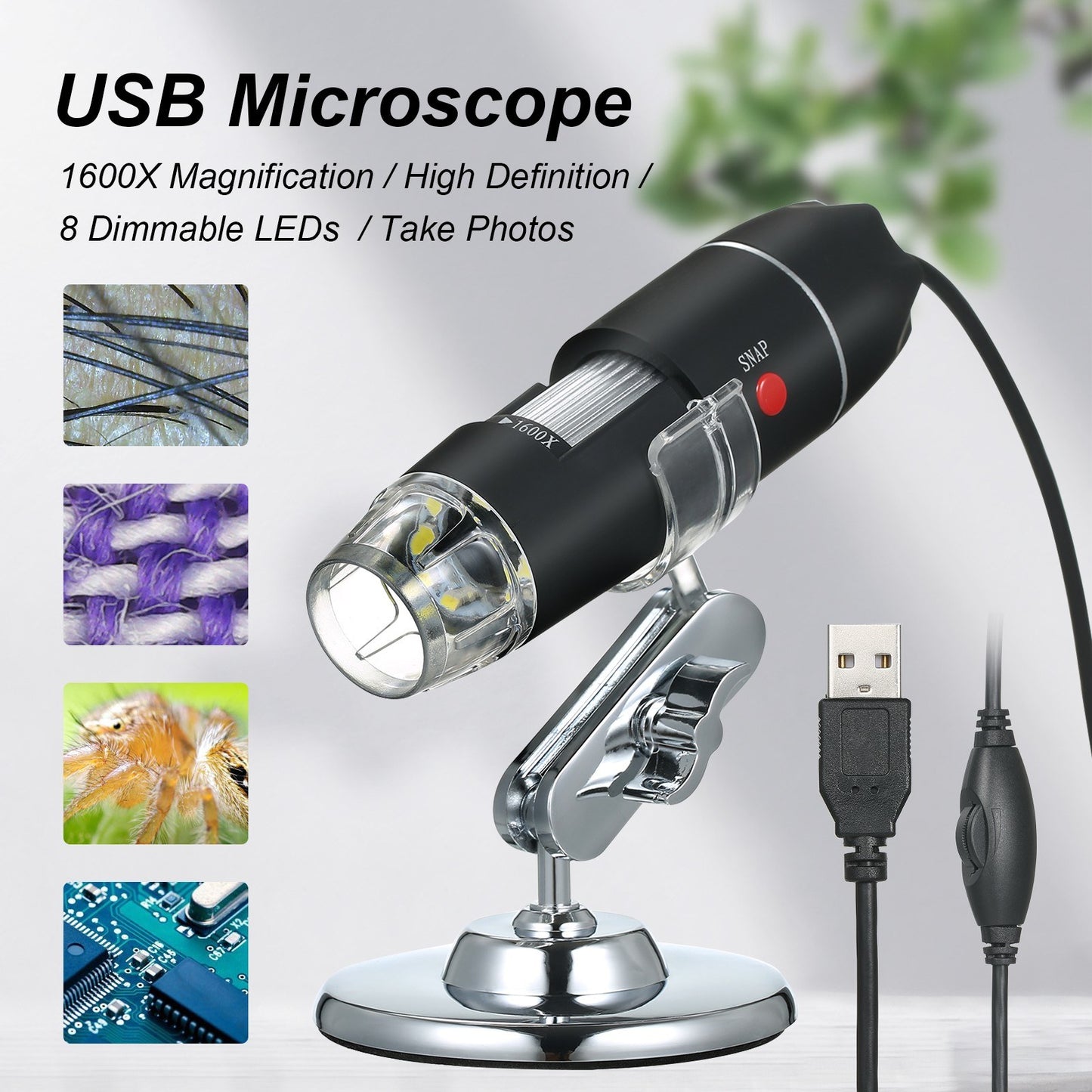 1600X USB Digital Microscope with 8 LED Lights & Stand – Portable Handheld Inspection Camera