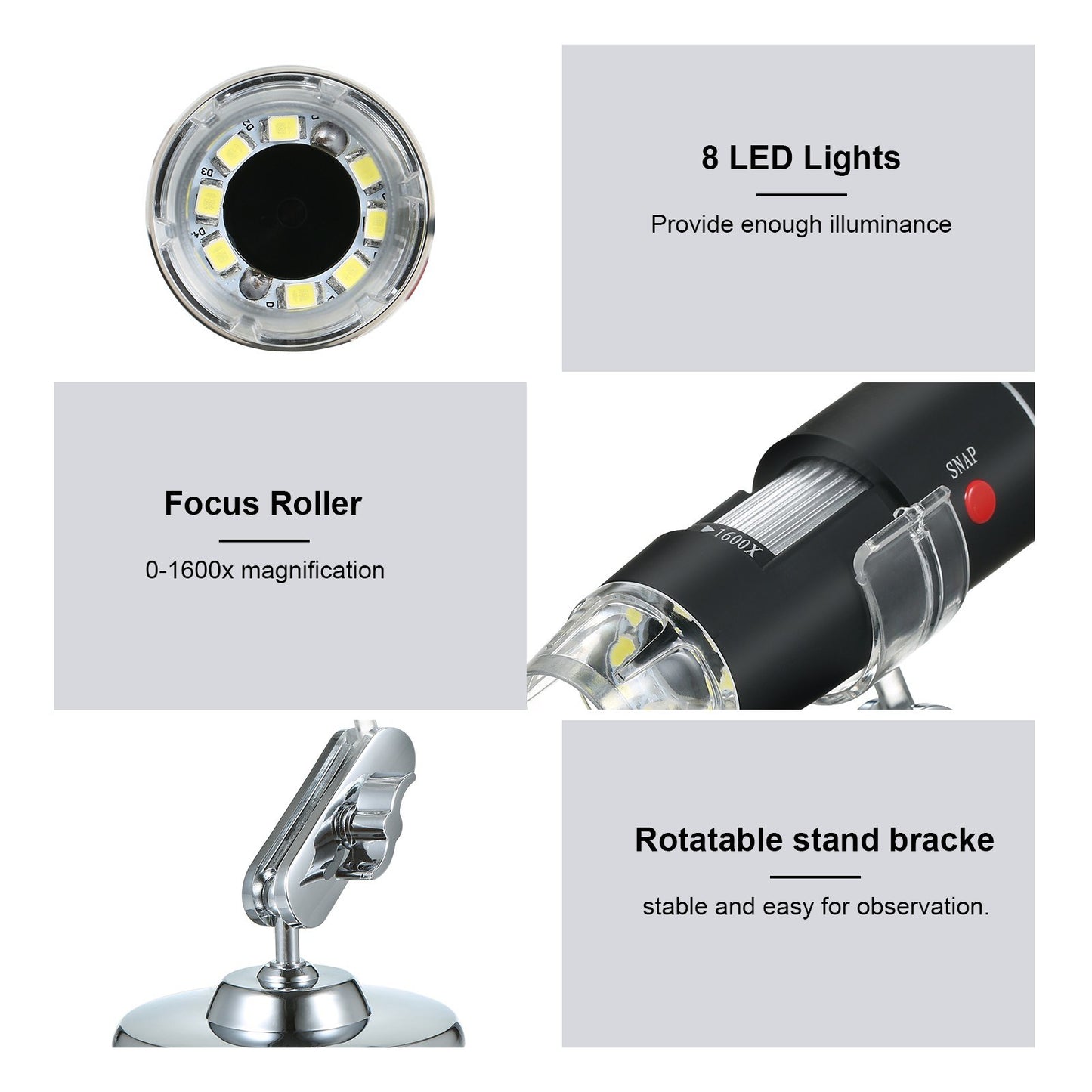 1600X USB Digital Microscope with 8 LED Lights & Stand – Portable Handheld Inspection Camera