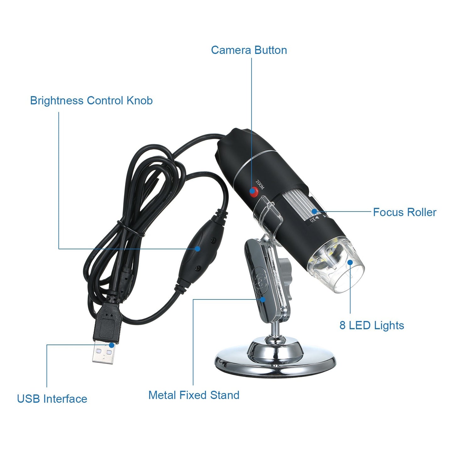 1600X USB Digital Microscope with 8 LED Lights & Stand – Portable Handheld Inspection Camera