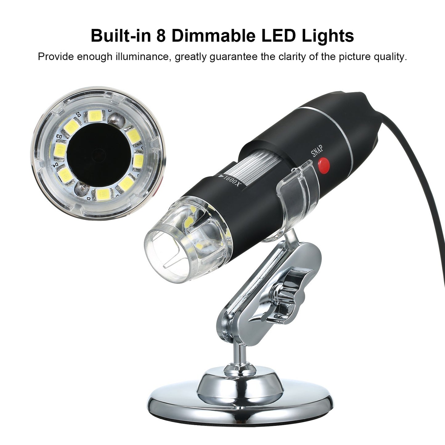 1600X USB Digital Microscope with 8 LED Lights & Stand – Portable Handheld Inspection Camera