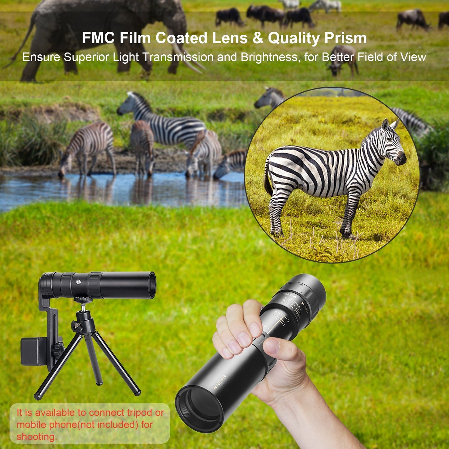 Compact Waterproof Monocular Telescope 10X-300X