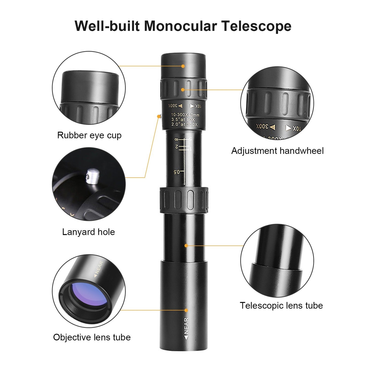 Compact Waterproof Monocular Telescope 10X-300X
