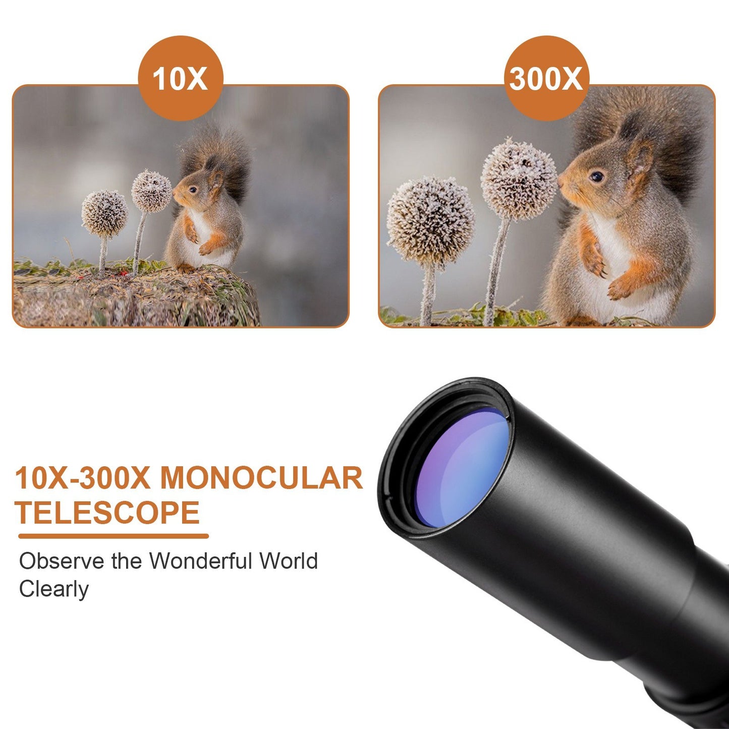 Compact Waterproof Monocular Telescope 10X-300X