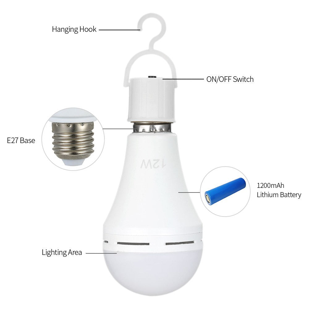 Emergency Rechargeable 12W LED Bulbs - Outdoor Hanging Lamp for Power Outage, Camping, Garden Parties - E26/E27, AC100-240V