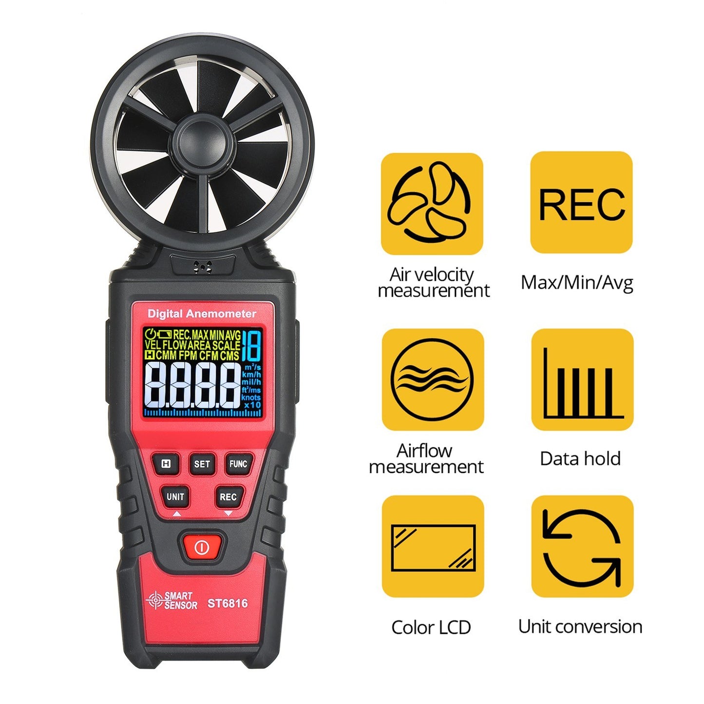 Handheld Digital Anemometer ST6816: Wind Speed Meter with LCD Backlight (0.40-30.00m/s), Maximum/Minimum/Average Value, Storage Bag Included (Batteries Not Included)