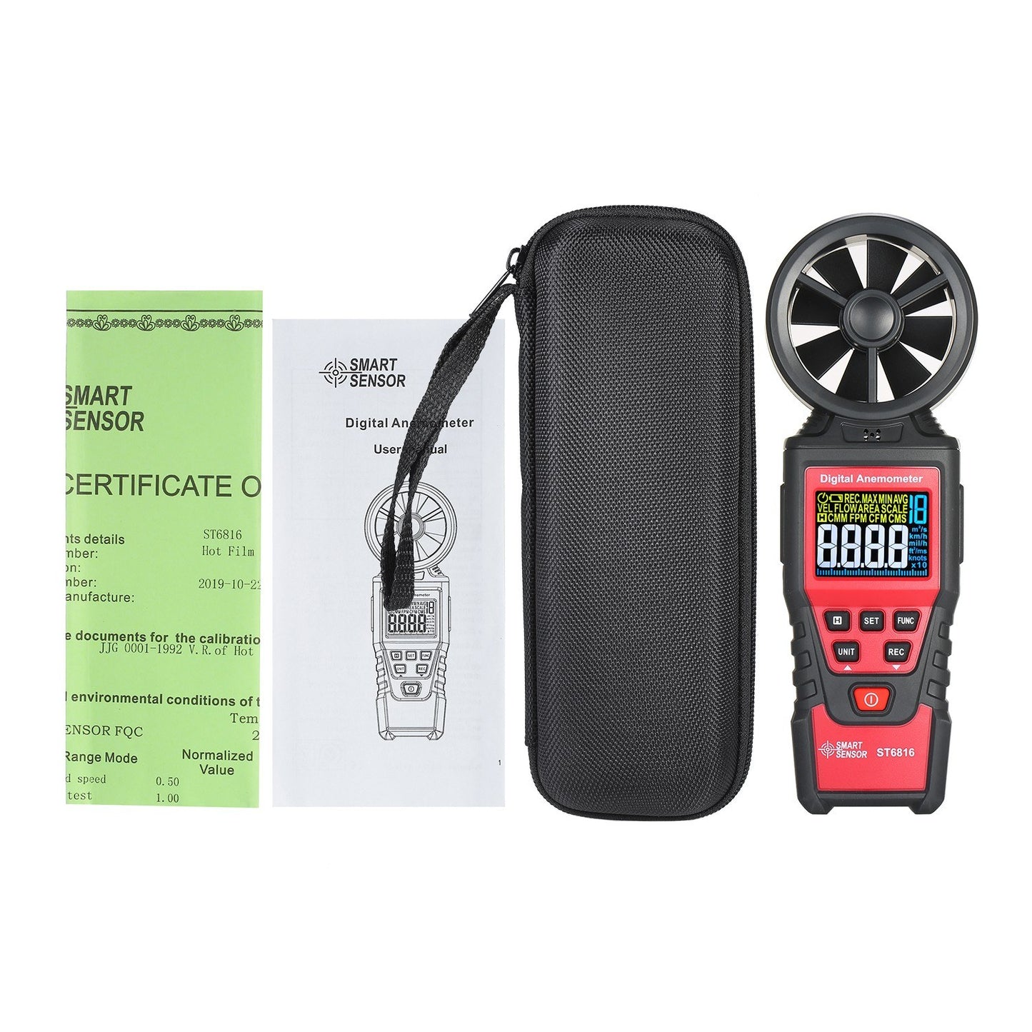 Handheld Digital Anemometer ST6816: Wind Speed Meter with LCD Backlight (0.40-30.00m/s), Maximum/Minimum/Average Value, Storage Bag Included (Batteries Not Included)