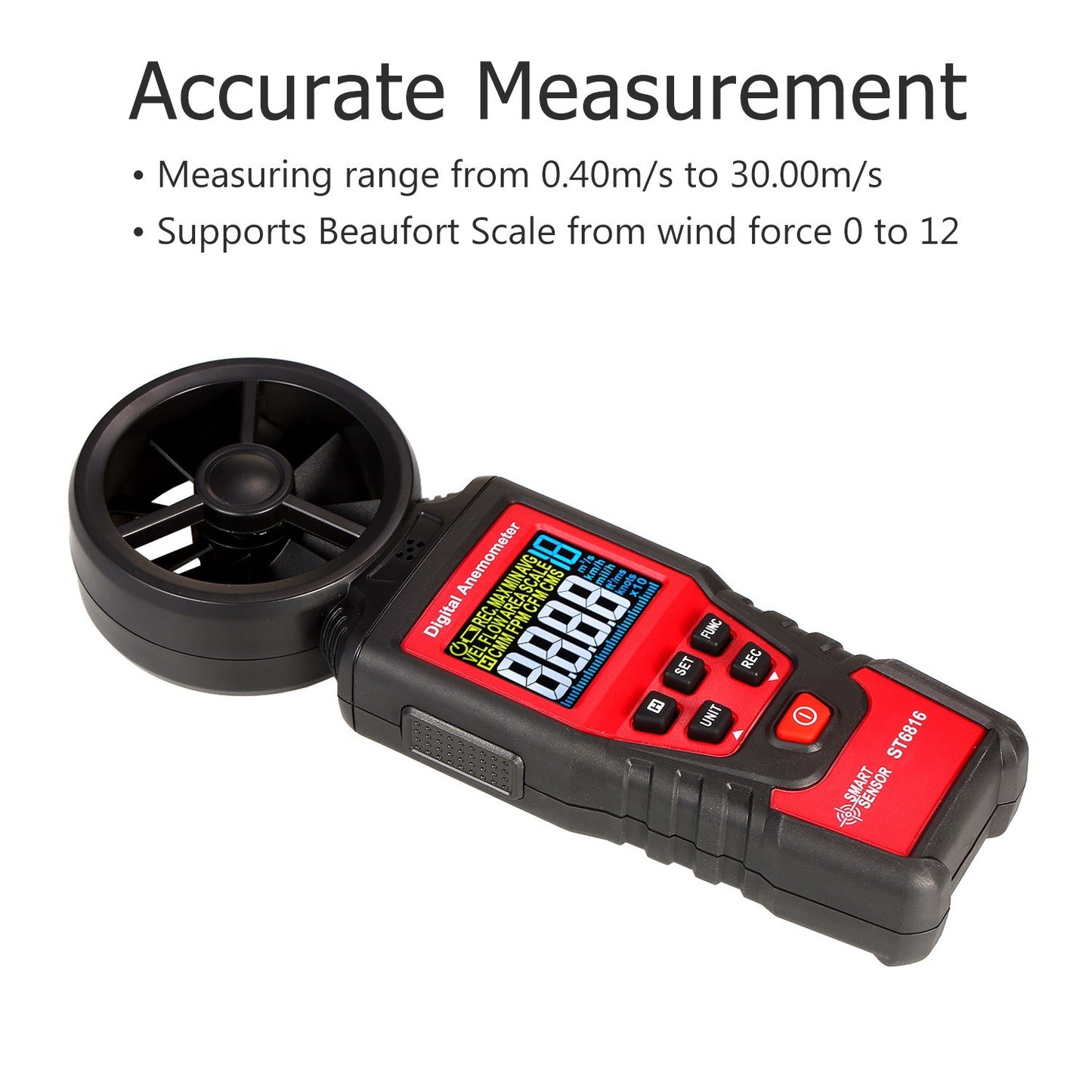 Handheld Digital Anemometer ST6816: Wind Speed Meter with LCD Backlight (0.40-30.00m/s), Maximum/Minimum/Average Value, Storage Bag Included (Batteries Not Included)
