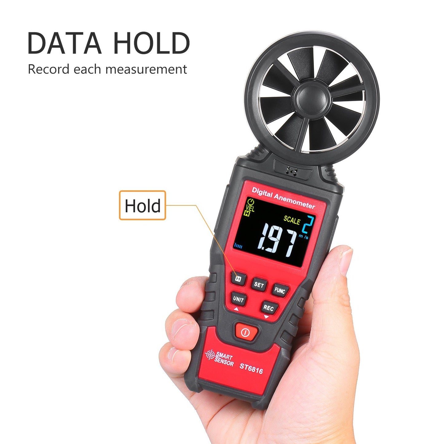 Handheld Digital Anemometer ST6816: Wind Speed Meter with LCD Backlight (0.40-30.00m/s), Maximum/Minimum/Average Value, Storage Bag Included (Batteries Not Included)