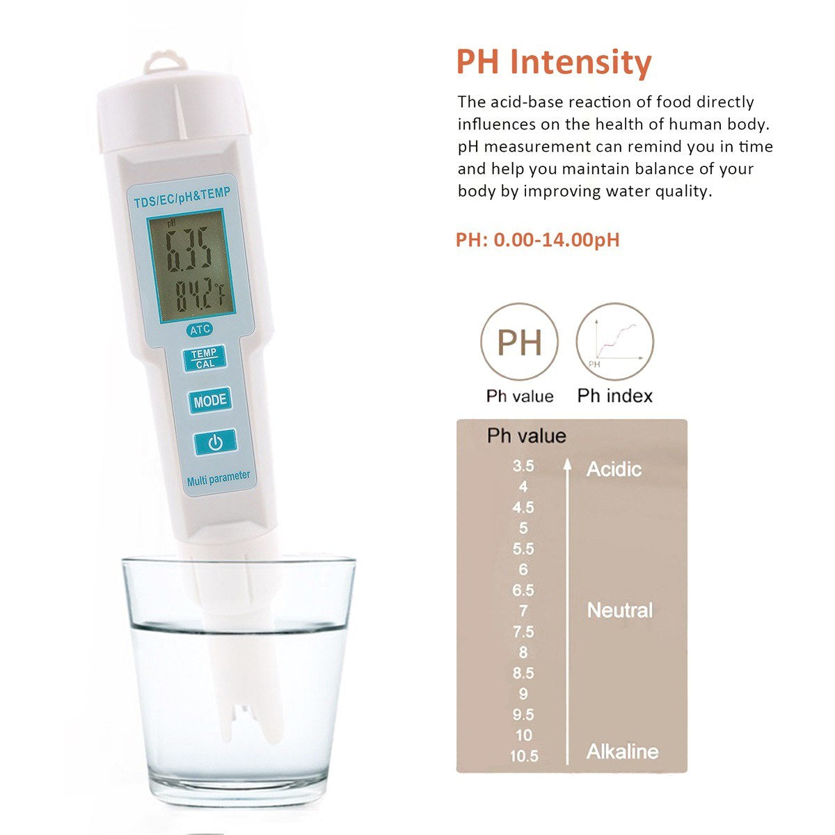 4-in-1 Water Quality Tester: pH, EC, TDS & Temperature Meter, IP55 Waterproof, Auto Shutdown, Backlit Display - White PH-686