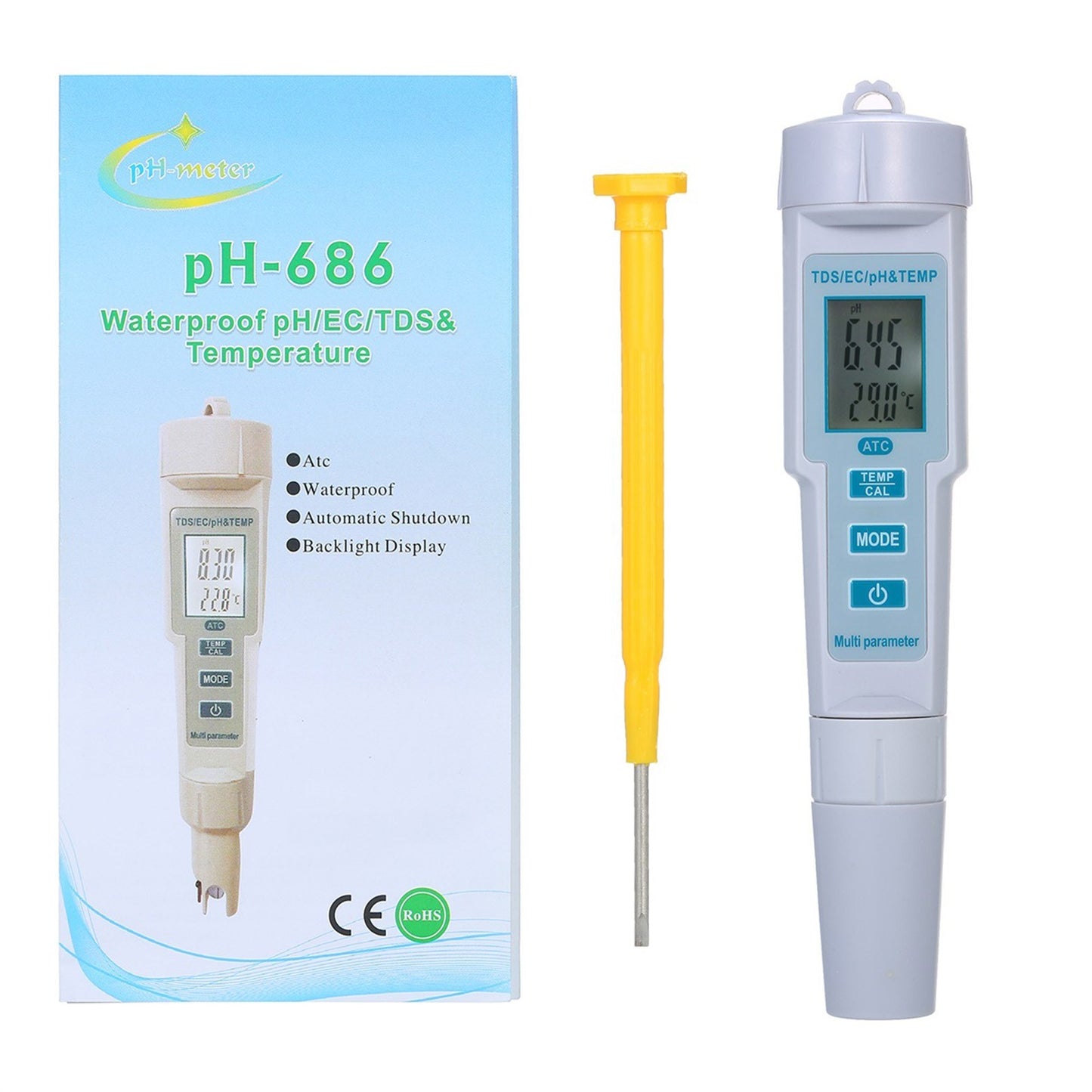 4-in-1 Water Quality Tester: pH, EC, TDS & Temperature Meter, IP55 Waterproof, Auto Shutdown, Backlit Display - White PH-686