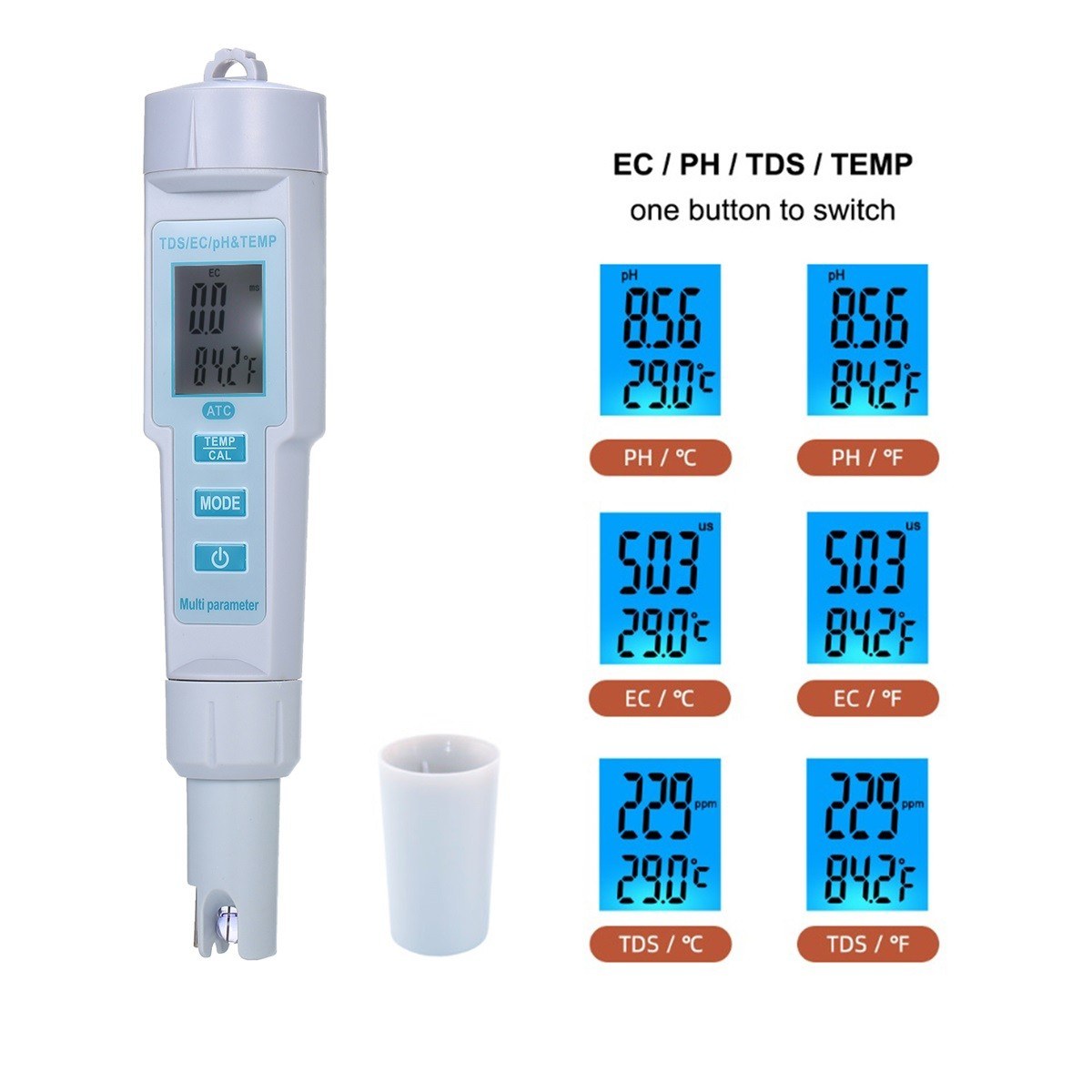 4-in-1 Water Quality Tester: pH, EC, TDS & Temperature Meter, IP55 Waterproof, Auto Shutdown, Backlit Display - White PH-686