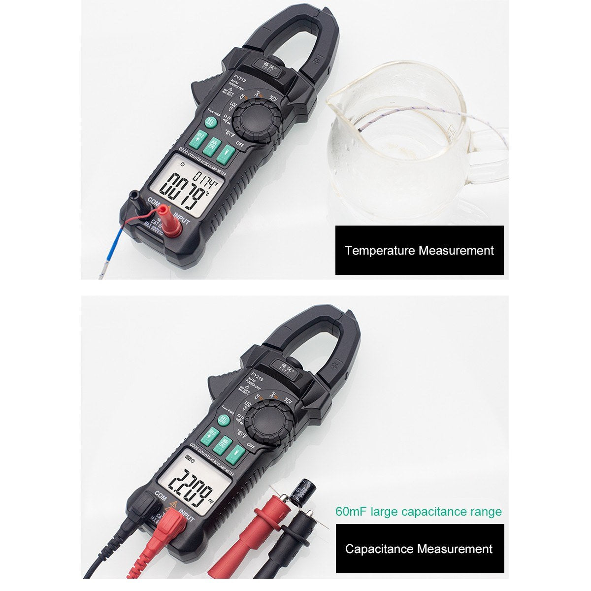 FUYI FY219 Inrush Current Clamp Meter: 6000-Count, Auto-Range, True RMS, Dual Display, AC/DC Multimeter with Temperature Testing - Black