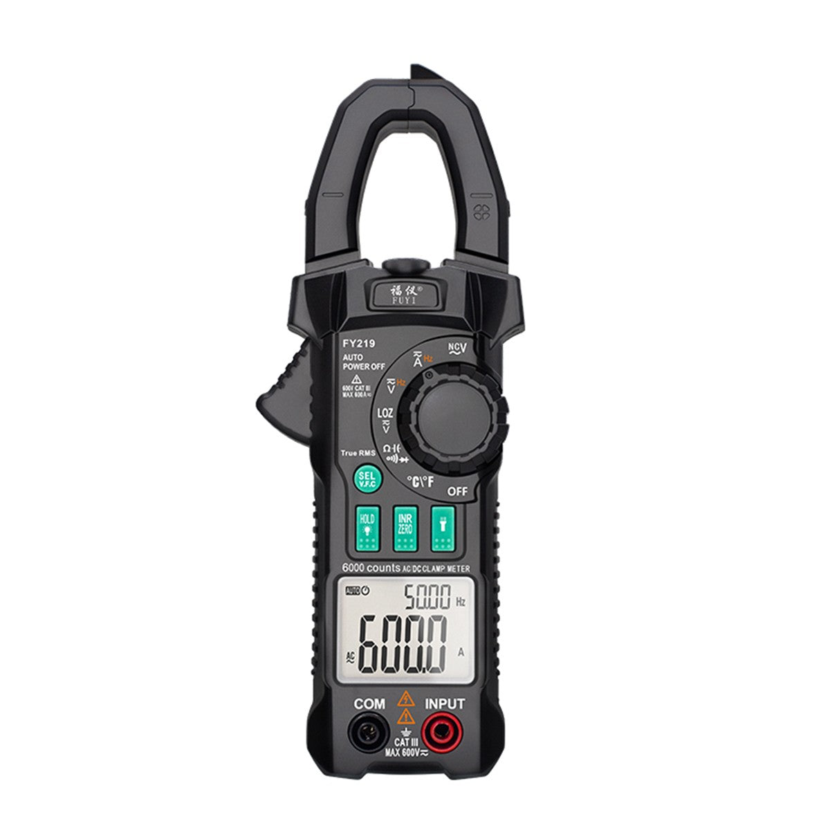 FUYI FY219 Inrush Current Clamp Meter: 6000-Count, Auto-Range, True RMS, Dual Display, AC/DC Multimeter with Temperature Testing - Black