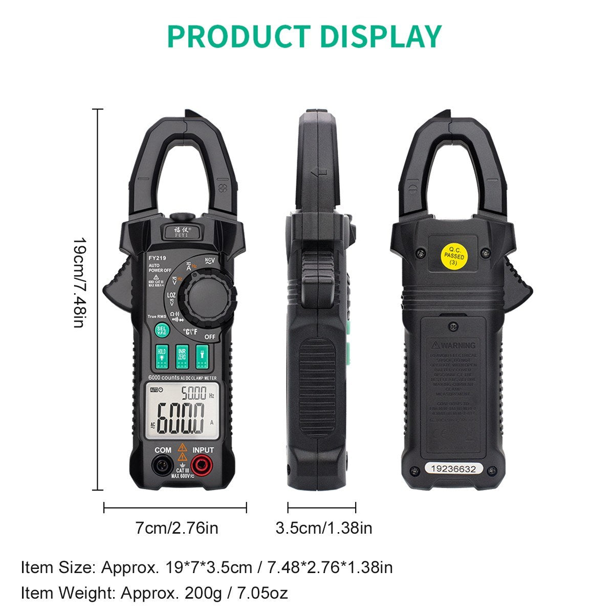 FUYI FY219 Inrush Current Clamp Meter: 6000-Count, Auto-Range, True RMS, Dual Display, AC/DC Multimeter with Temperature Testing - Black