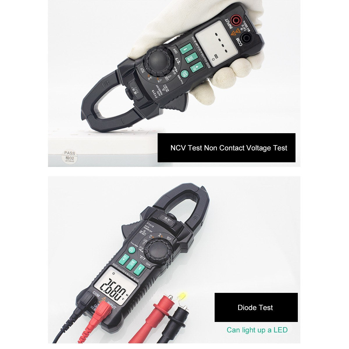 FUYI FY219 Inrush Current Clamp Meter: 6000-Count, Auto-Range, True RMS, Dual Display, AC/DC Multimeter with Temperature Testing - Black