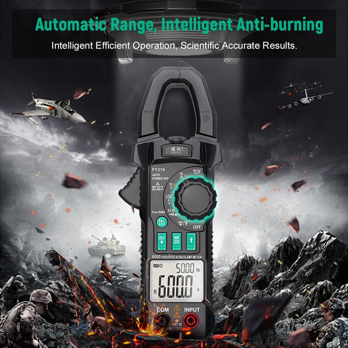 FUYI FY219 Inrush Current Clamp Meter: 6000-Count, Auto-Range, True RMS, Dual Display, AC/DC Multimeter with Temperature Testing - Black