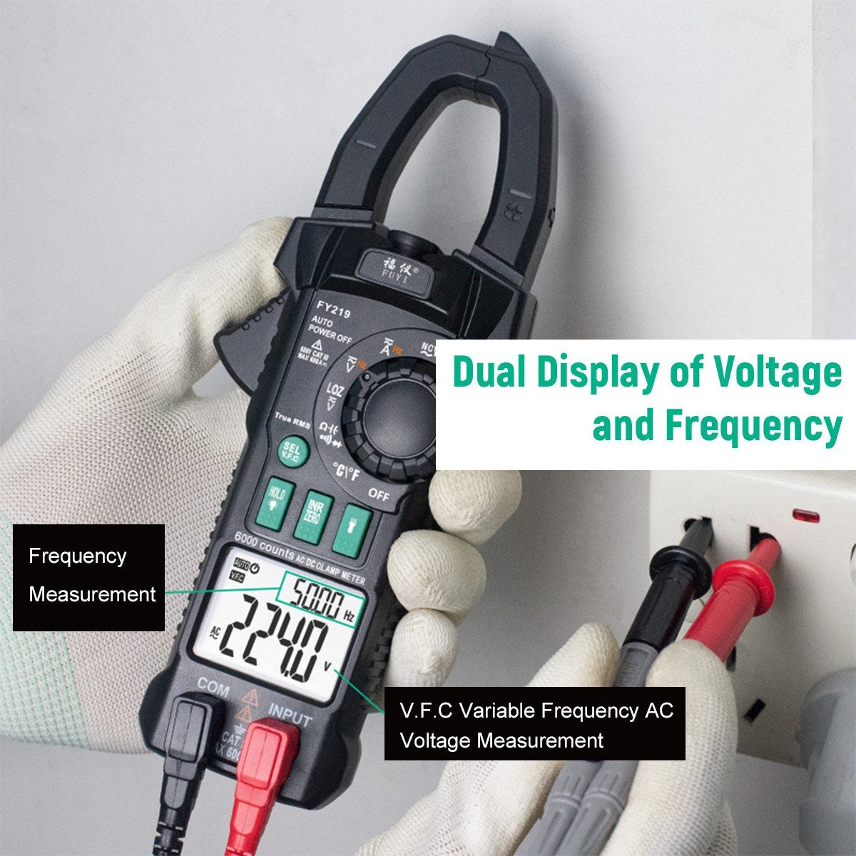 FUYI FY219 Inrush Current Clamp Meter: 6000-Count, Auto-Range, True RMS, Dual Display, AC/DC Multimeter with Temperature Testing - Black