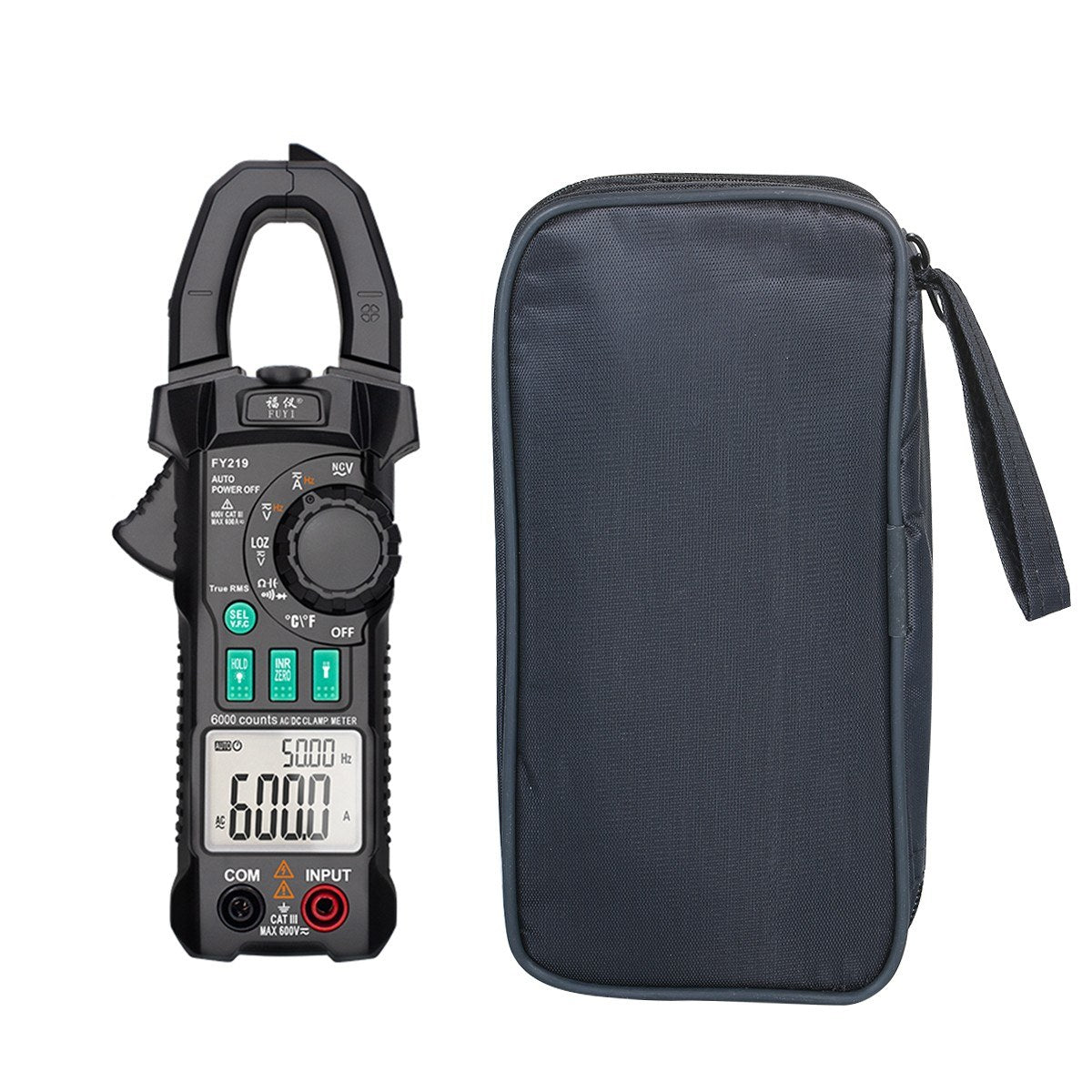 FUYI FY219 Inrush Current Clamp Meter: 6000-Count, Auto-Range, True RMS, Dual Display, AC/DC Multimeter with Temperature Testing - Black
