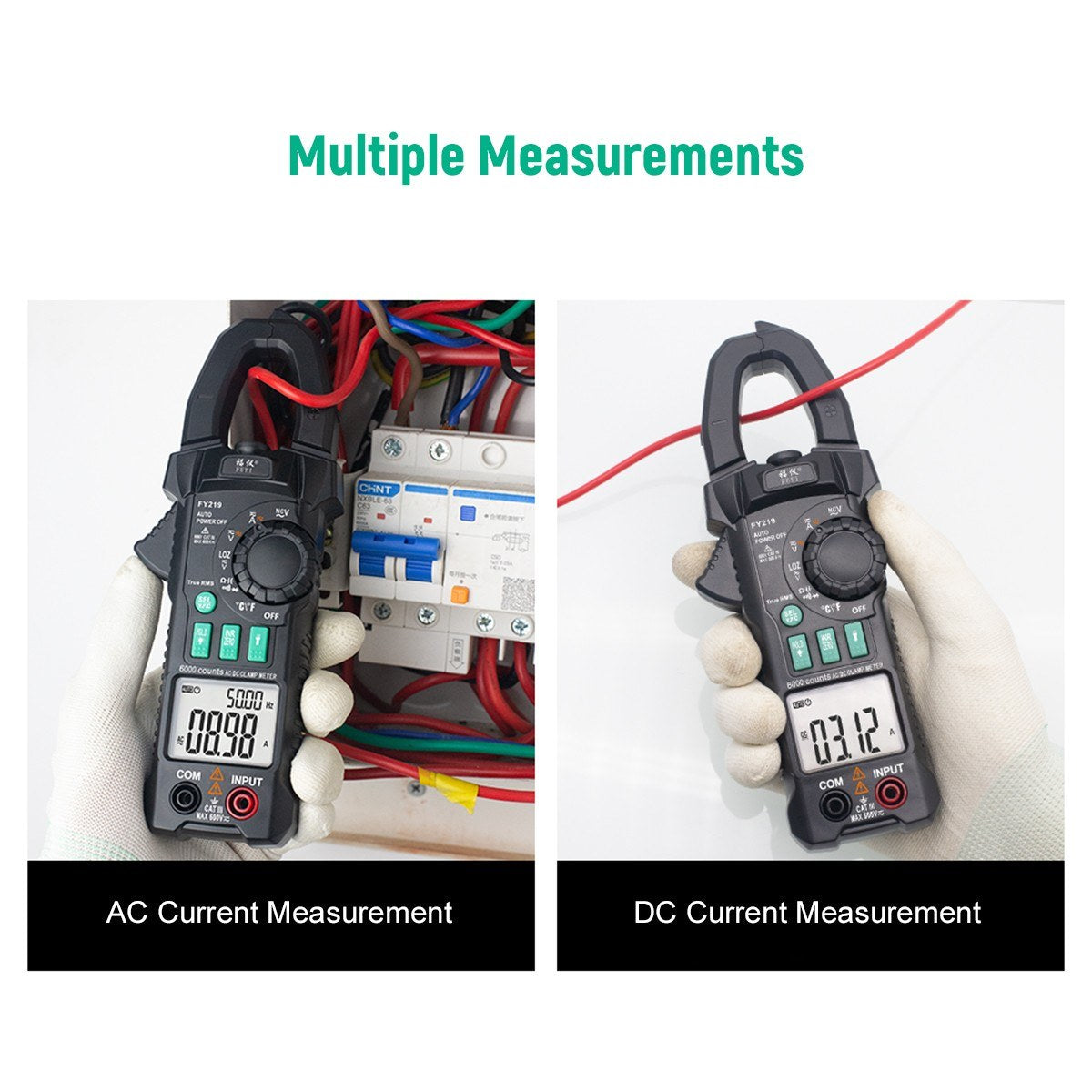 FUYI FY219 Inrush Current Clamp Meter: 6000-Count, Auto-Range, True RMS, Dual Display, AC/DC Multimeter with Temperature Testing - Black