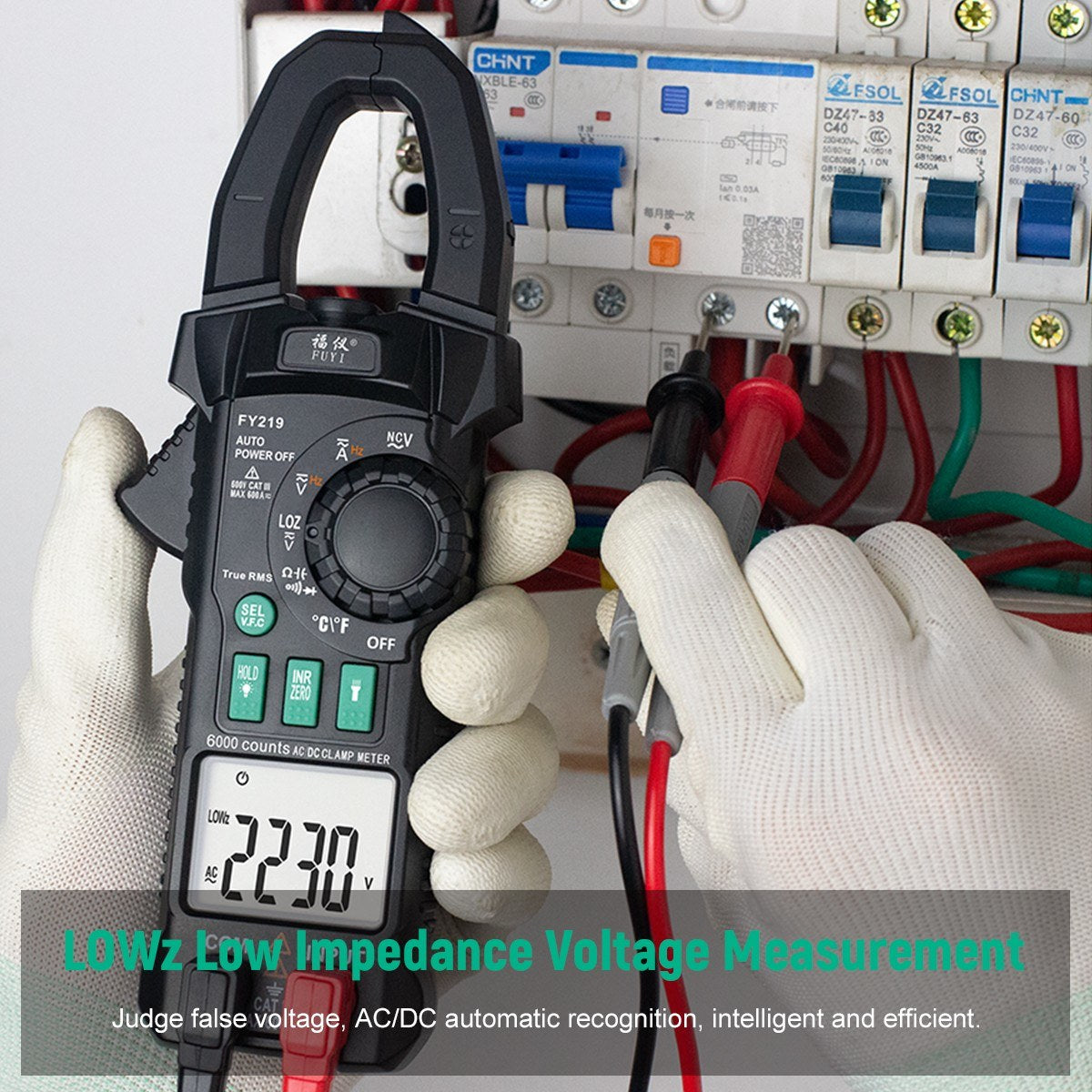 FUYI FY219 Inrush Current Clamp Meter: 6000-Count, Auto-Range, True RMS, Dual Display, AC/DC Multimeter with Temperature Testing - Black