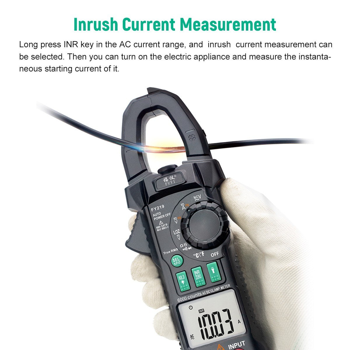 FUYI FY219 Inrush Current Clamp Meter: 6000-Count, Auto-Range, True RMS, Dual Display, AC/DC Multimeter with Temperature Testing - Black