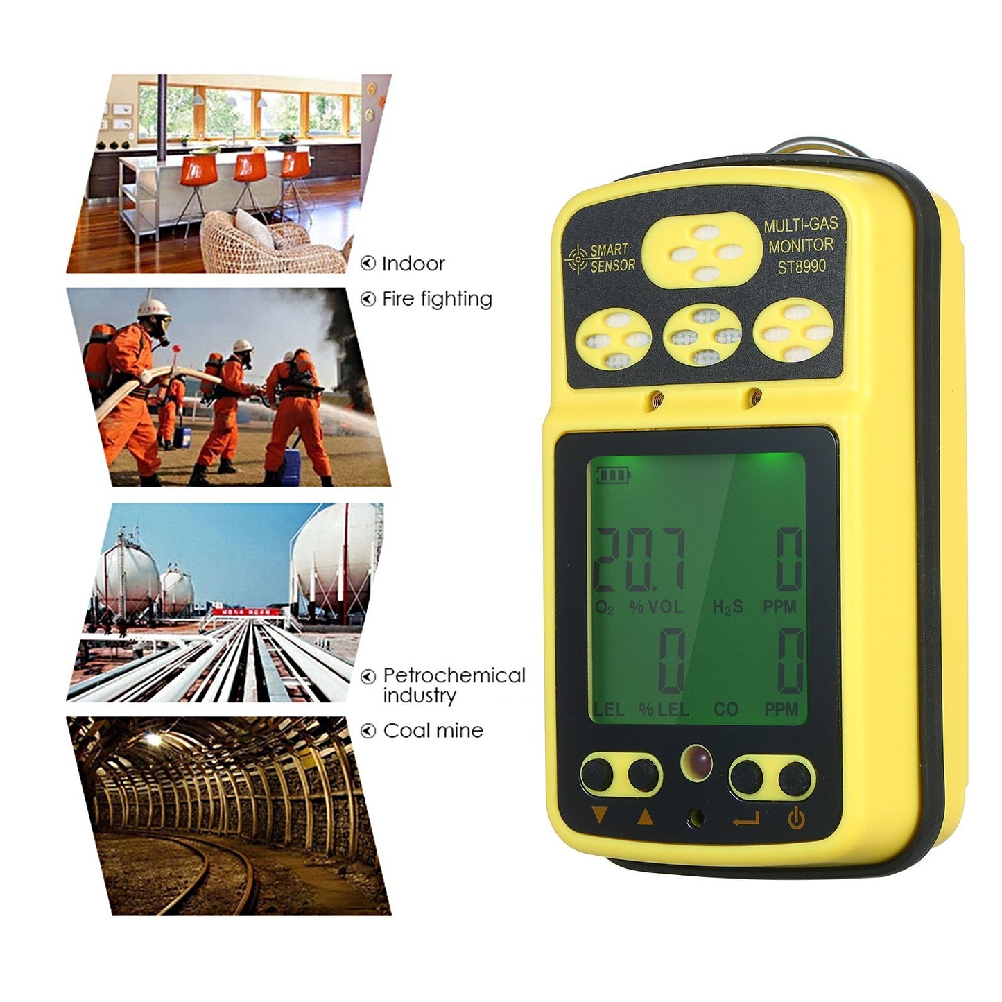 Rechargeable SMART SENSOR ST8990 4-in-1 Gas Detector: O₂, LEL, CO, H₂S with LCD Backlight Alarm