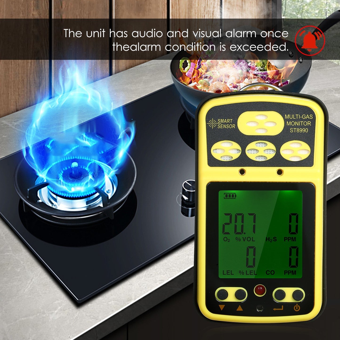 Rechargeable SMART SENSOR ST8990 4-in-1 Gas Detector: O₂, LEL, CO, H₂S with LCD Backlight Alarm