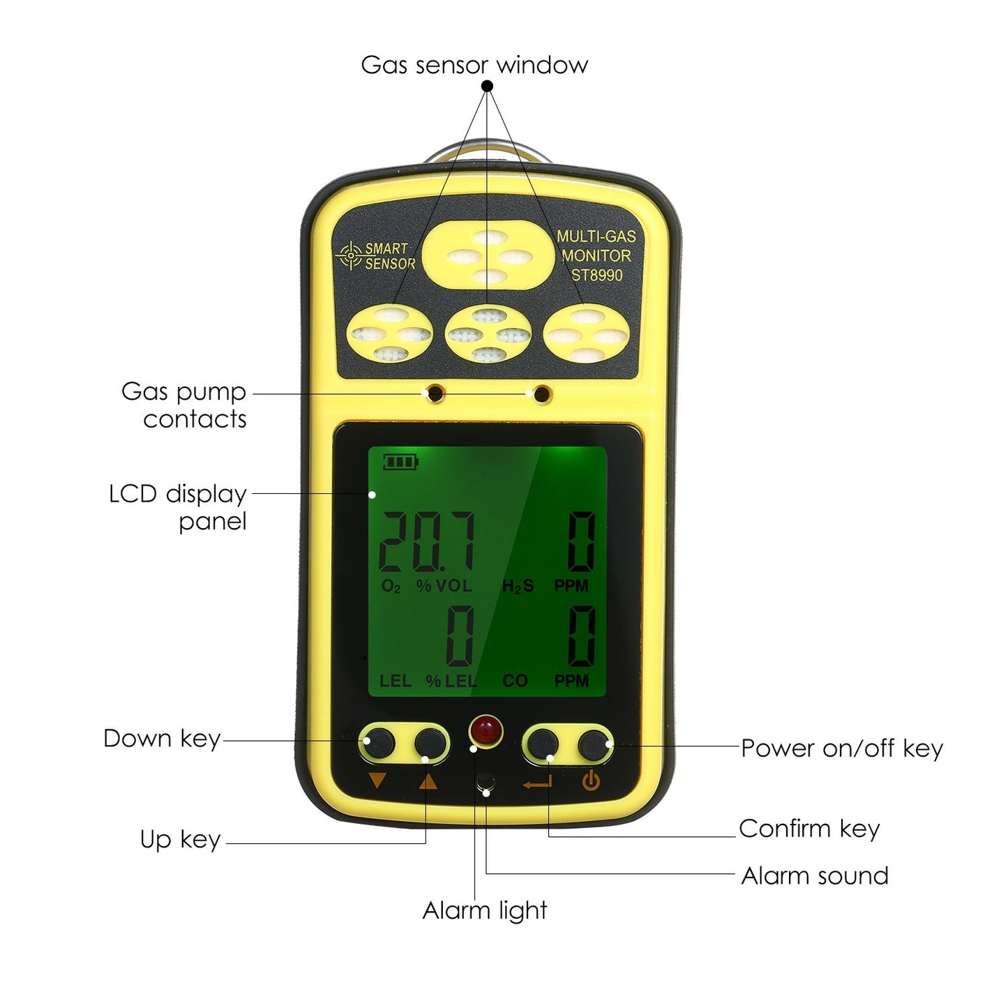 Rechargeable SMART SENSOR ST8990 4-in-1 Gas Detector: O₂, LEL, CO, H₂S with LCD Backlight Alarm