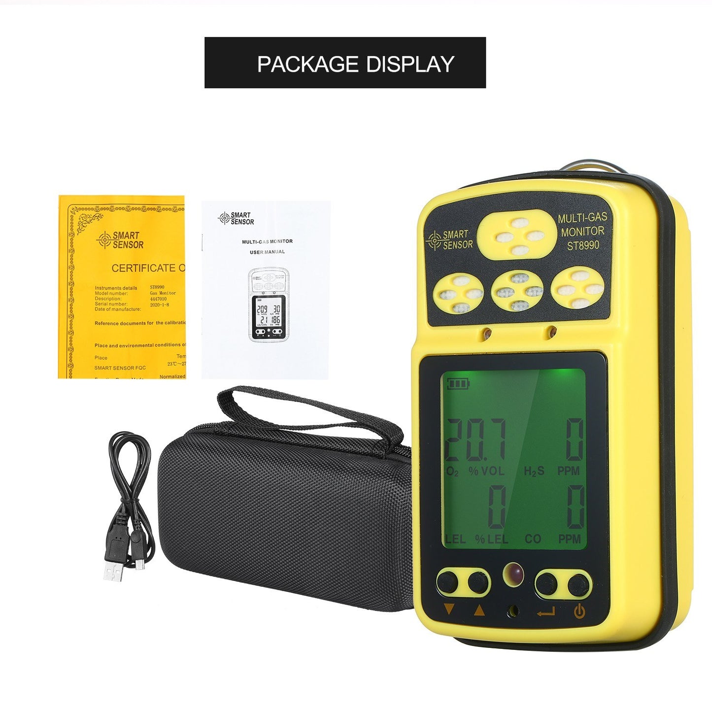 Rechargeable SMART SENSOR ST8990 4-in-1 Gas Detector: O₂, LEL, CO, H₂S with LCD Backlight Alarm