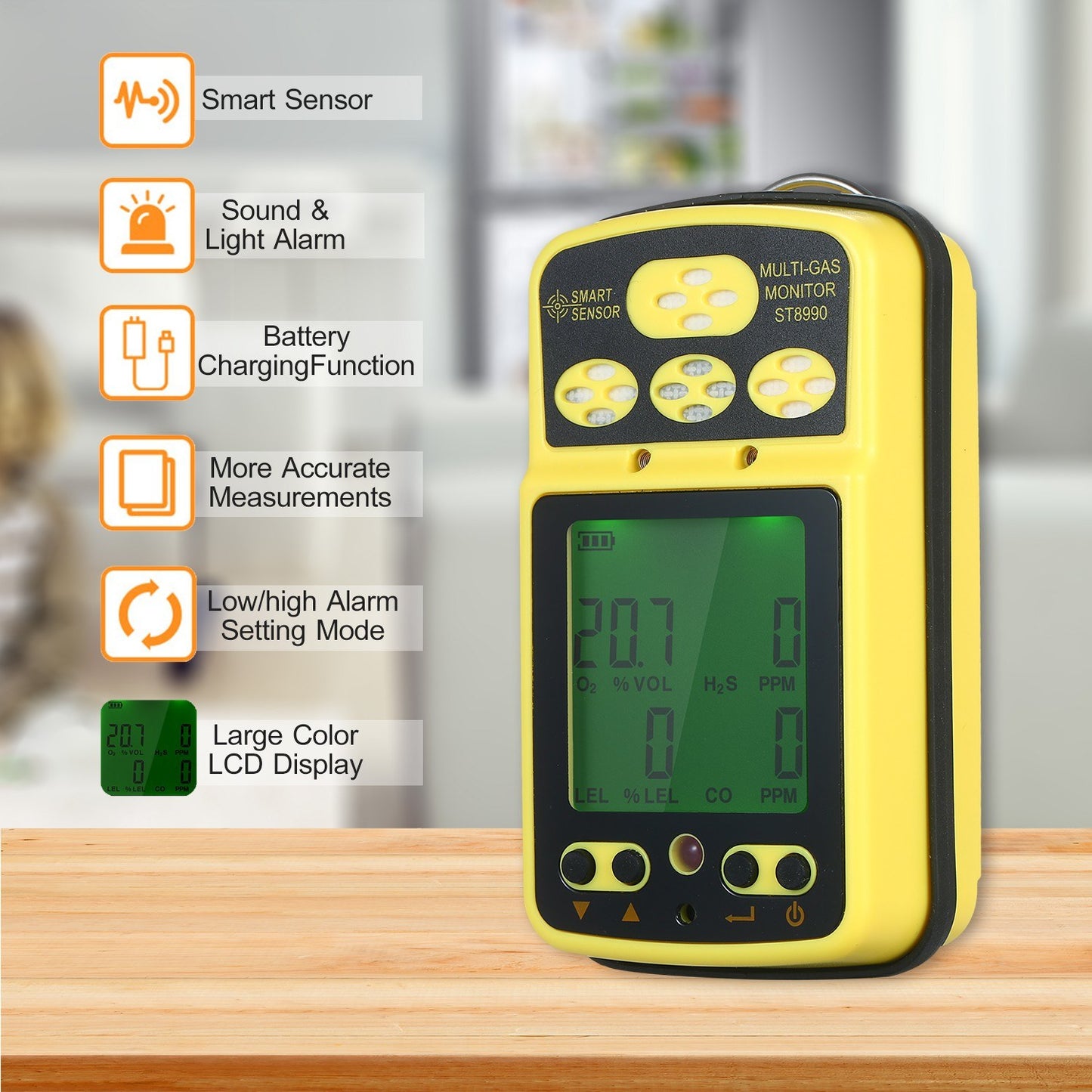 Rechargeable SMART SENSOR ST8990 4-in-1 Gas Detector: O₂, LEL, CO, H₂S with LCD Backlight Alarm