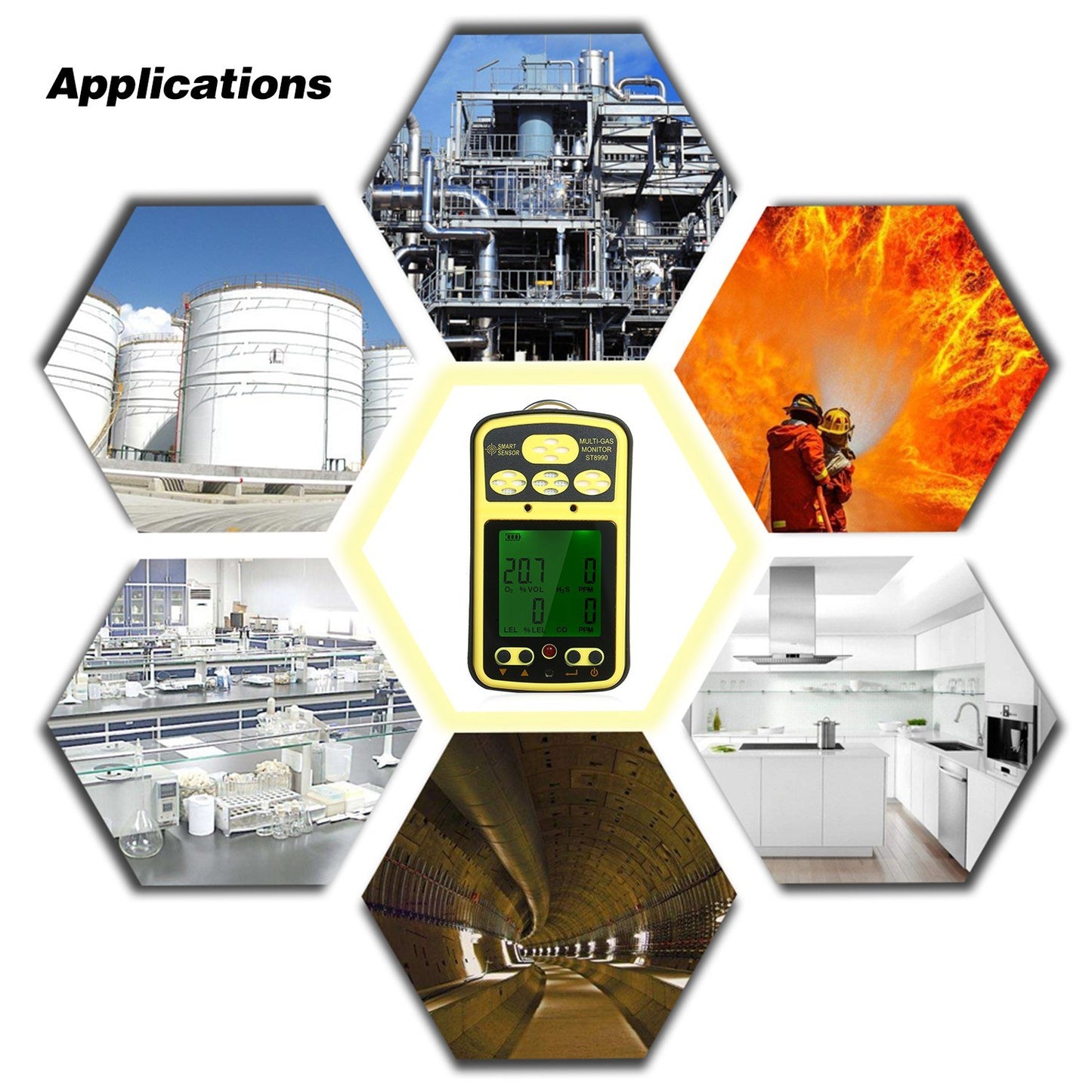 Rechargeable SMART SENSOR ST8990 4-in-1 Gas Detector: O₂, LEL, CO, H₂S with LCD Backlight Alarm