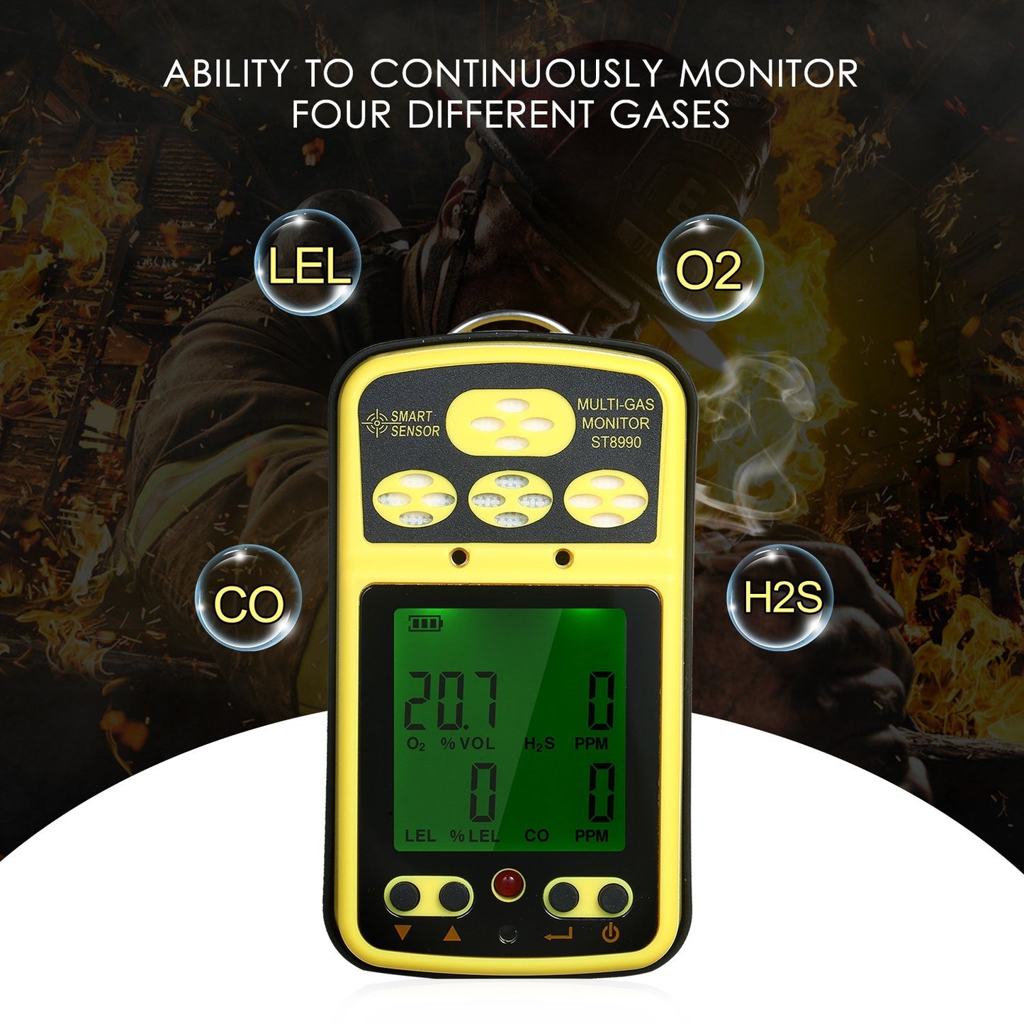 Rechargeable SMART SENSOR ST8990 4-in-1 Gas Detector: O₂, LEL, CO, H₂S with LCD Backlight Alarm