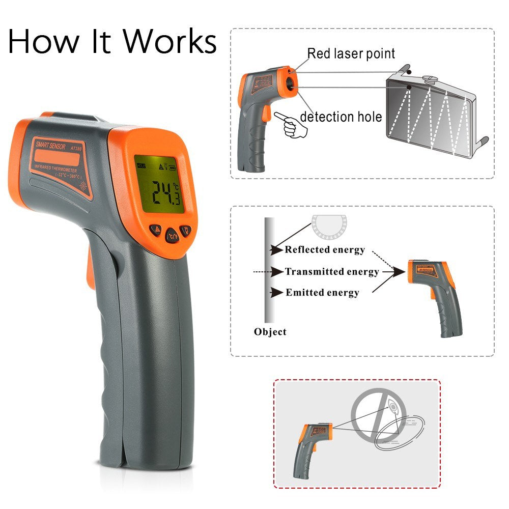 Portable Handheld Digital Infrared Thermometer: SMART SENSOR -32～380℃ 12:1 Non-Contact