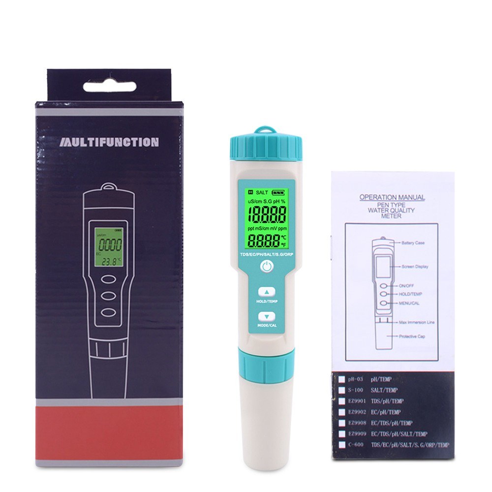 7-in-1 Water Quality Tester: PH/TDS/EC/ORP/Salinity/Temperature with Replaceable Electrode C-600, for Pools, Drinking Water, Aquariums - Backlit Display