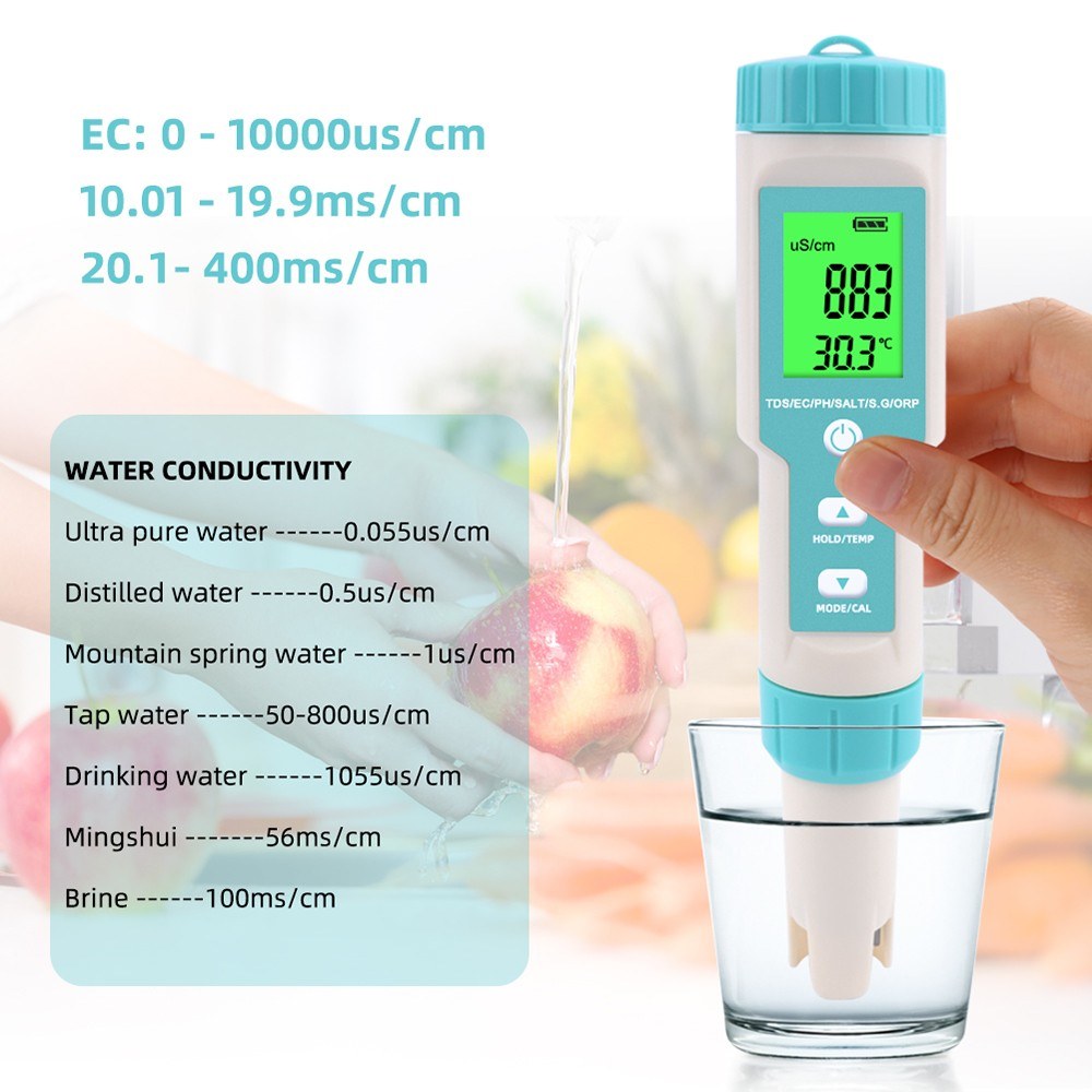 7-in-1 Water Quality Tester: PH/TDS/EC/ORP/Salinity/Temperature with Replaceable Electrode C-600, for Pools, Drinking Water, Aquariums - Backlit Display