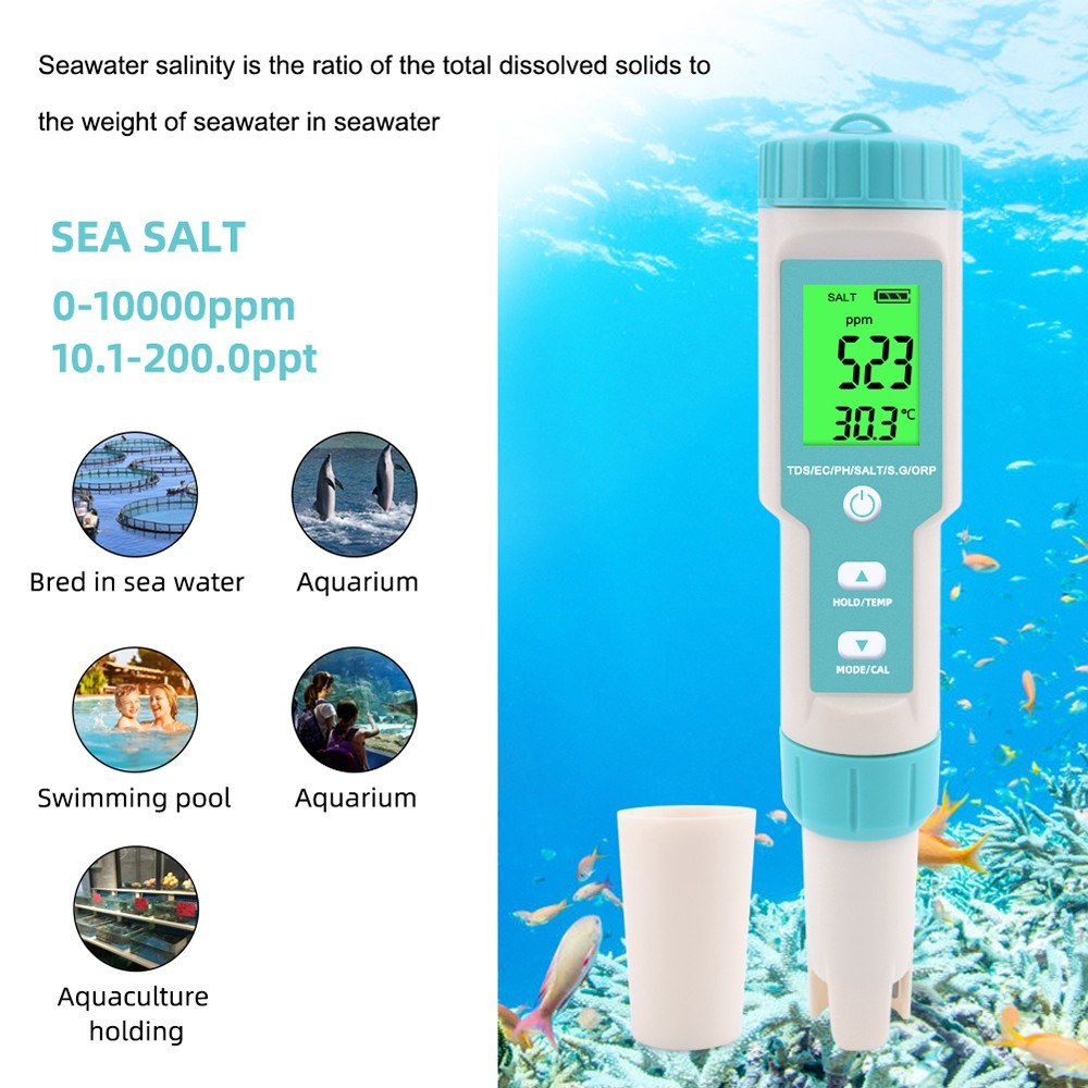 7-in-1 Water Quality Tester: PH/TDS/EC/ORP/Salinity/Temperature with Replaceable Electrode C-600, for Pools, Drinking Water, Aquariums - Backlit Display