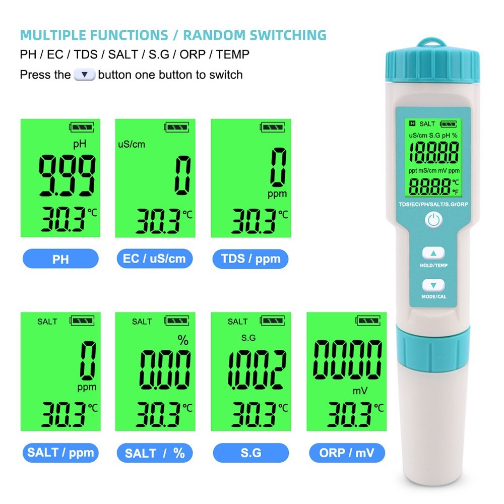 7-in-1 Water Quality Tester: PH/TDS/EC/ORP/Salinity/Temperature with Replaceable Electrode C-600, for Pools, Drinking Water, Aquariums - Backlit Display