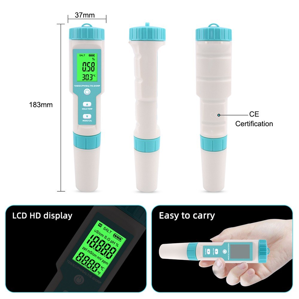 7-in-1 Water Quality Tester: PH/TDS/EC/ORP/Salinity/Temperature with Replaceable Electrode C-600, for Pools, Drinking Water, Aquariums - Backlit Display