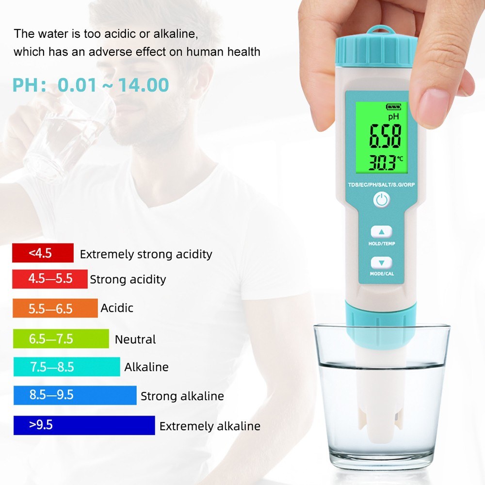 7-in-1 Water Quality Tester: PH/TDS/EC/ORP/Salinity/Temperature with Replaceable Electrode C-600, for Pools, Drinking Water, Aquariums - Backlit Display