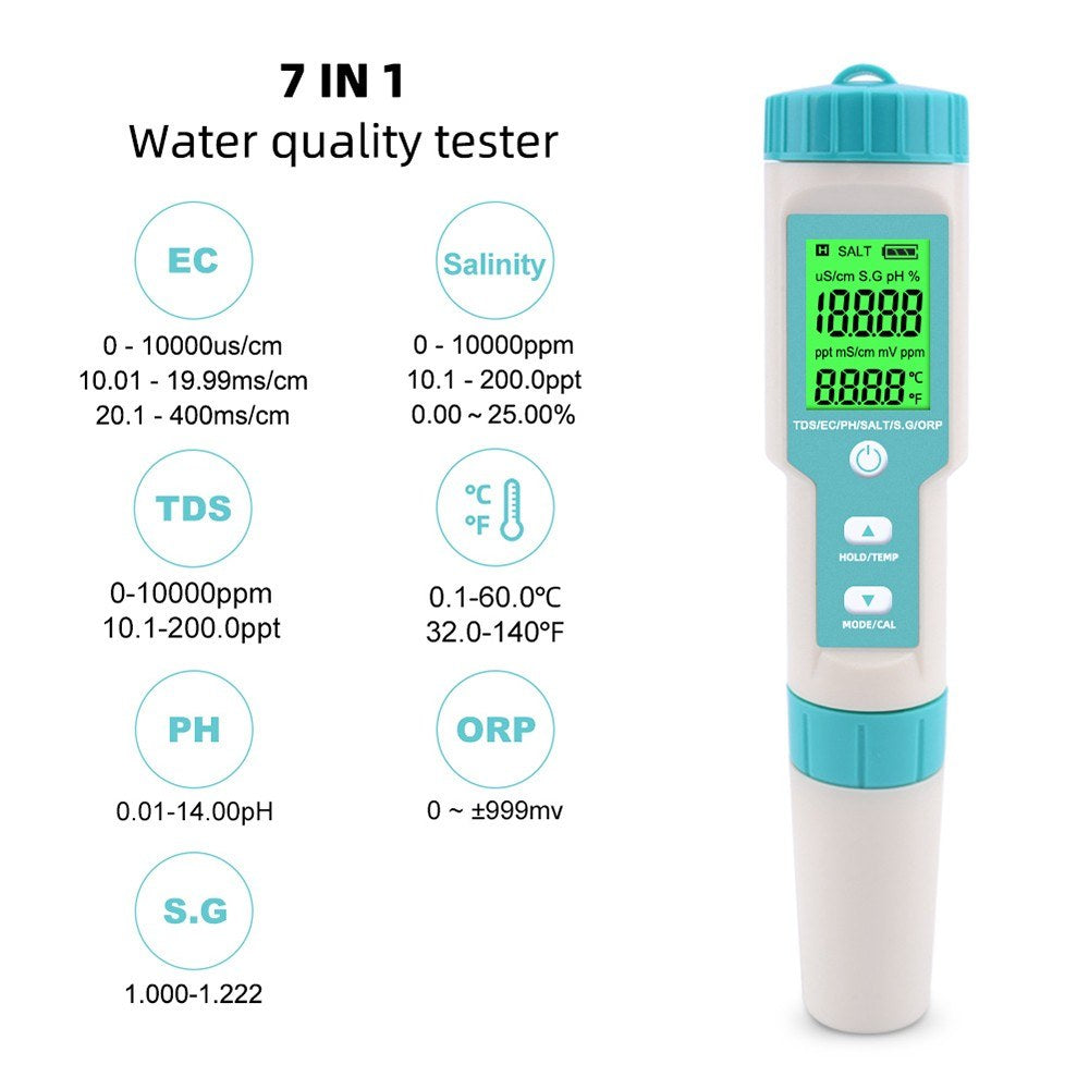 7-in-1 Water Quality Tester: PH/TDS/EC/ORP/Salinity/Temperature with Replaceable Electrode C-600, for Pools, Drinking Water, Aquariums - Backlit Display