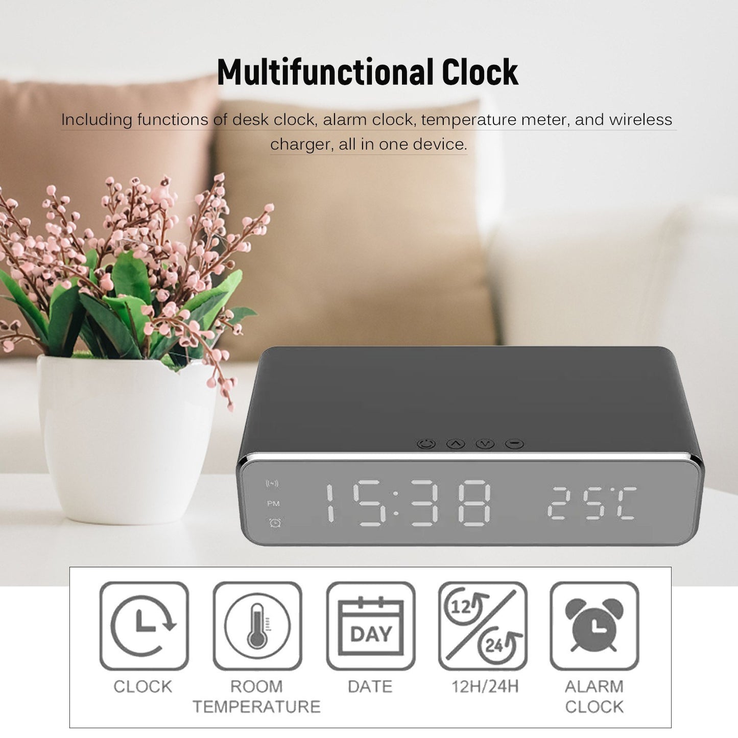 Multifunctional LED Alarm Clock: Wireless Charger, Temperature Display, Calendar for Home/Office/Dorm